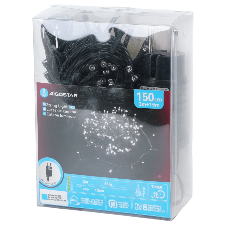 Aigostar - LED buiten kerstsnoer 150xLED/8 functies 18 m IP44 koud wit
