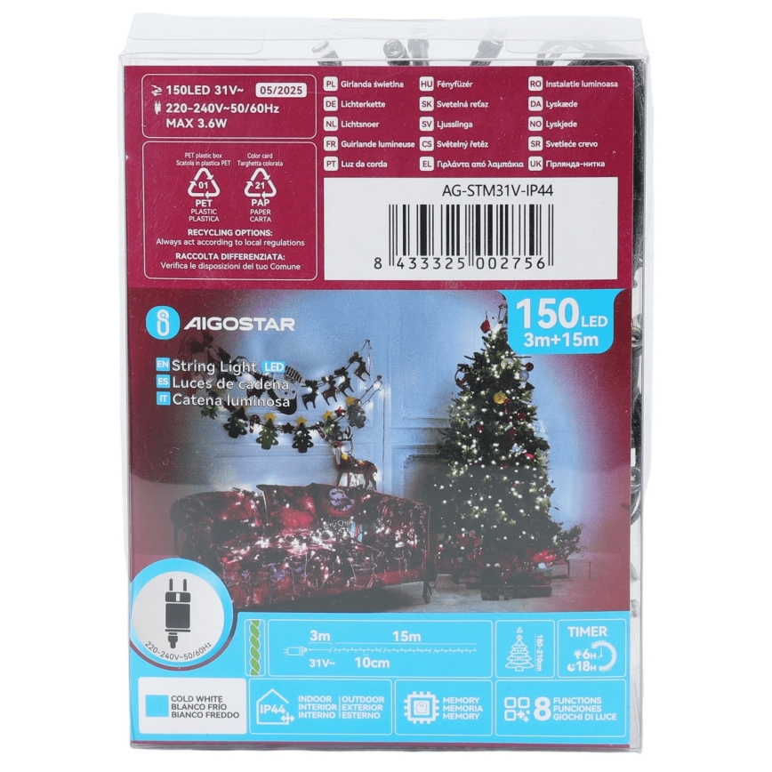 Aigostar - LED buiten kerstsnoer 150xLED/8 functies 18 m IP44 koud wit