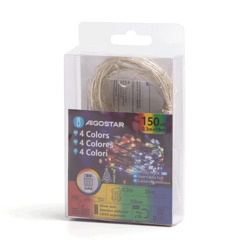 Aigostar - LED buiten kerstverlichting 150xLED/8 functies/3xAA 15,3m IP44 meerkleurig