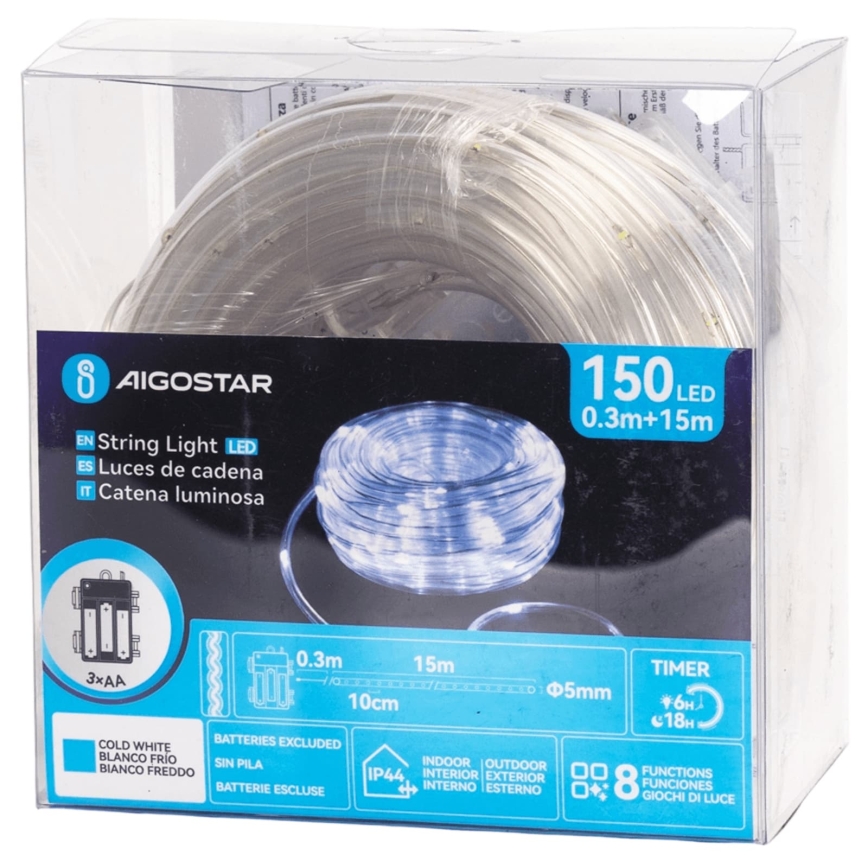 Aigostar - LED buiten kerstsnoer 150xLED/8 functies 3xAA 15,3 m IP44 koud wit