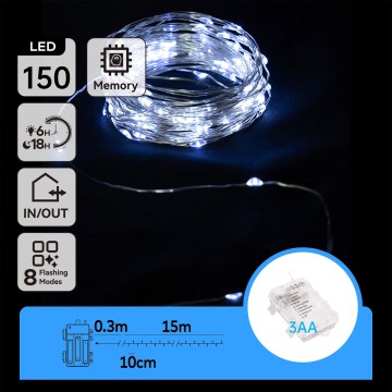 Aigostar - LED buiten kerstsnoer 150xLED/8 functies/3xAA 15,3m IP44 koud wit