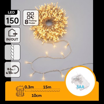 Aigostar - LED buiten kerstsnoer 150xLED/8 functies 3xAA 15,3m IP44 warm wit