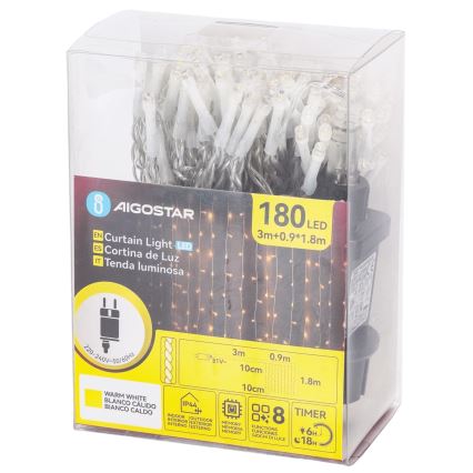 Aigostar - LED buiten kerstsnoer 180xLED/8 functies 3,9x1,8m IP44 warm wit