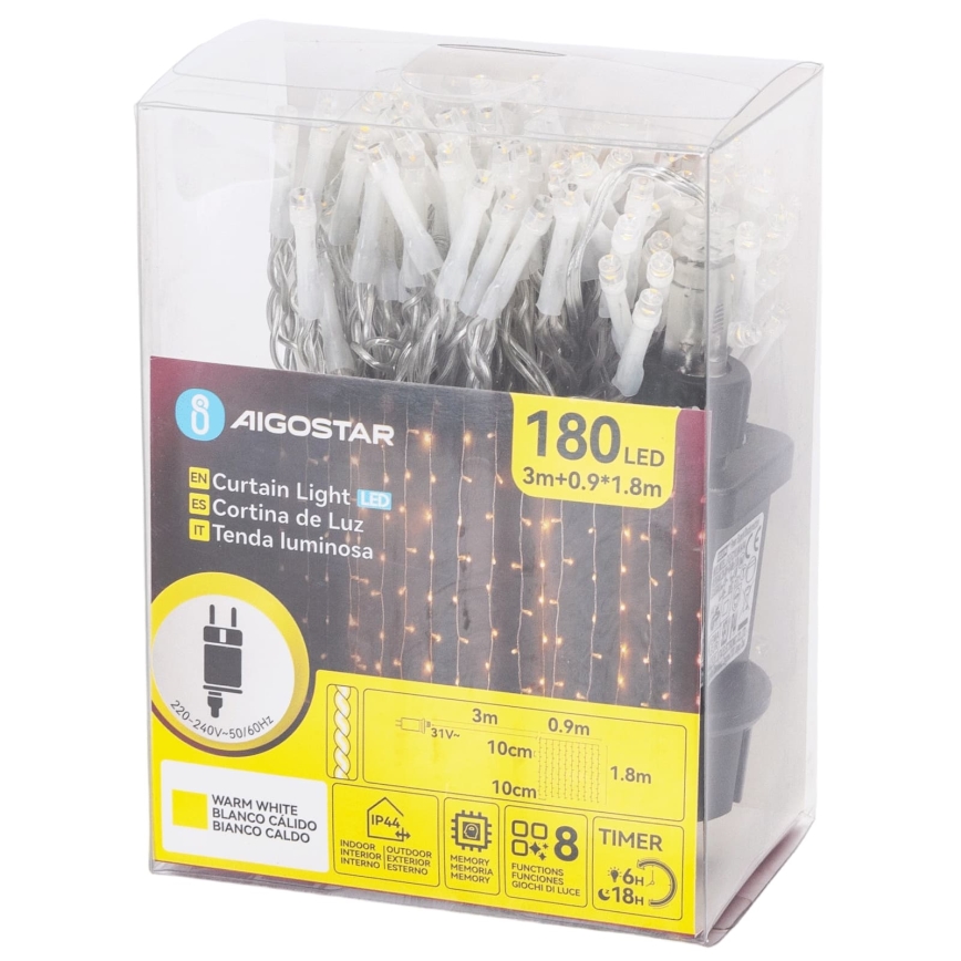 Aigostar - LED buiten kerstsnoer 180xLED/8 functies 3,9x1,8m IP44 warm wit
