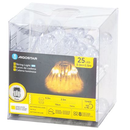 Aigostar - LED-lichtsnoer voor buiten 25xLED/8 functies 3xAA 2,5 m IP44 warm wit druppels