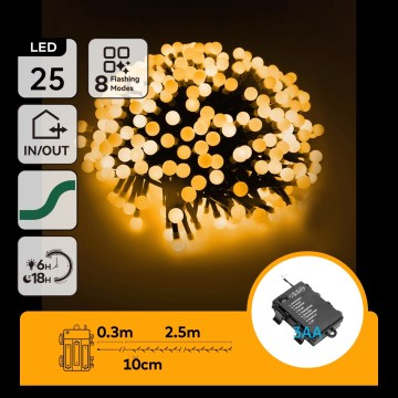 Aigostar - LED buiten kerstsnoer 25xLED/8 functies 3xAA 2,8m IP44 warm wit