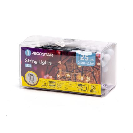Aigostar - LED buiten kerstsnoer 25xLED/8 functies 3xAA 2,8m IP44 warm wit
