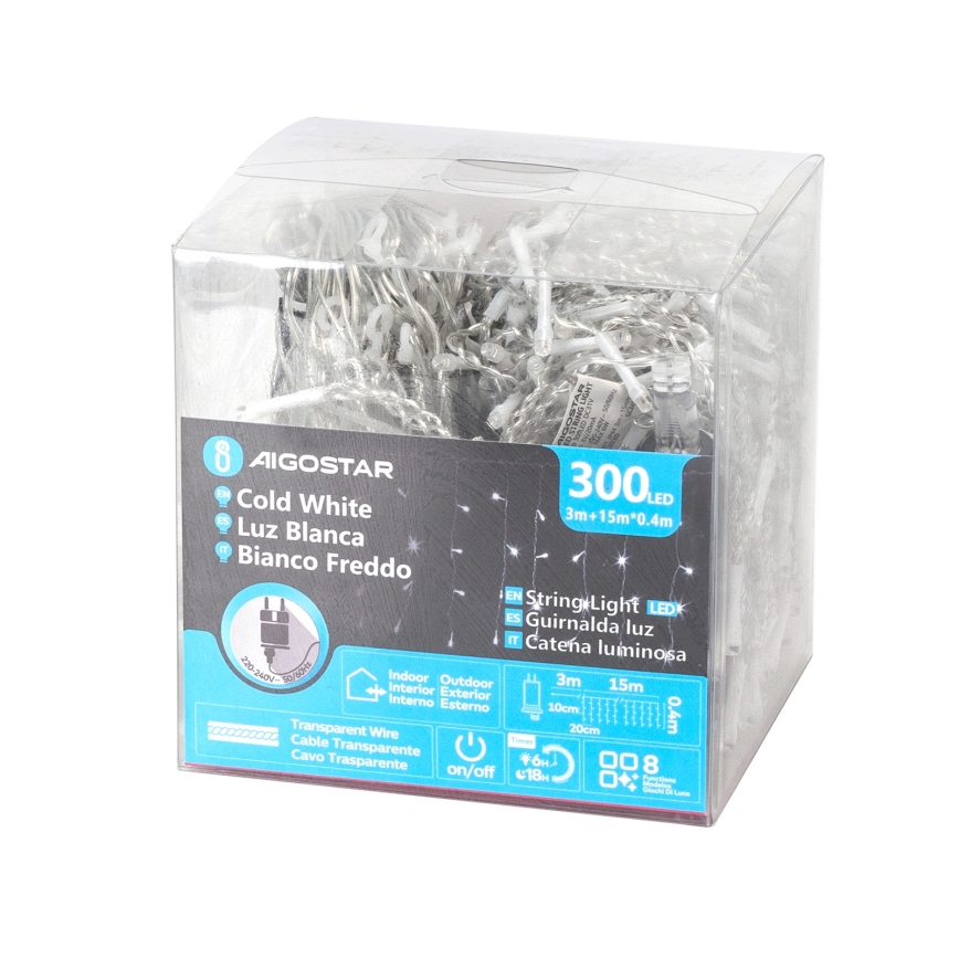 Aigostar - LED kerstlichtsnoer voor buiten 300xLED/6W/230V/8 functies 15x0,4m IP44 koud wit