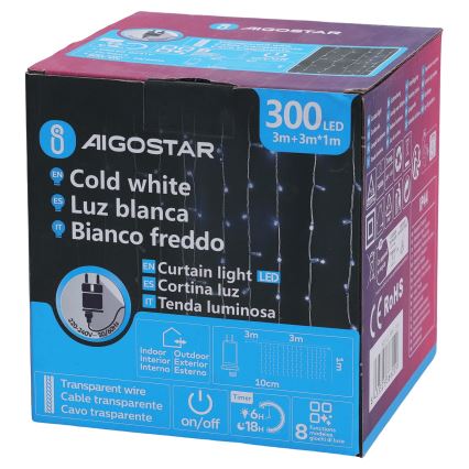 Aigostar - LED-lichtsnoer voor buiten, 300 LED, 8 functies, 3×1 m, IP44, koel wit, met afstandsbediening