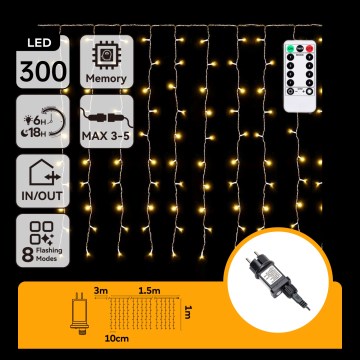 Aigostar - LED buiten kerstsnoer 300xLED/8 functies 3x1m IP44 warm wit + afstandsbediening