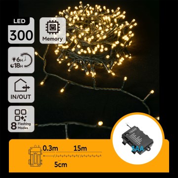 Aigostar-LED Buiten kerstsnoer 300xLED/8 functies 3xAA 15,3m IP44 warm wit