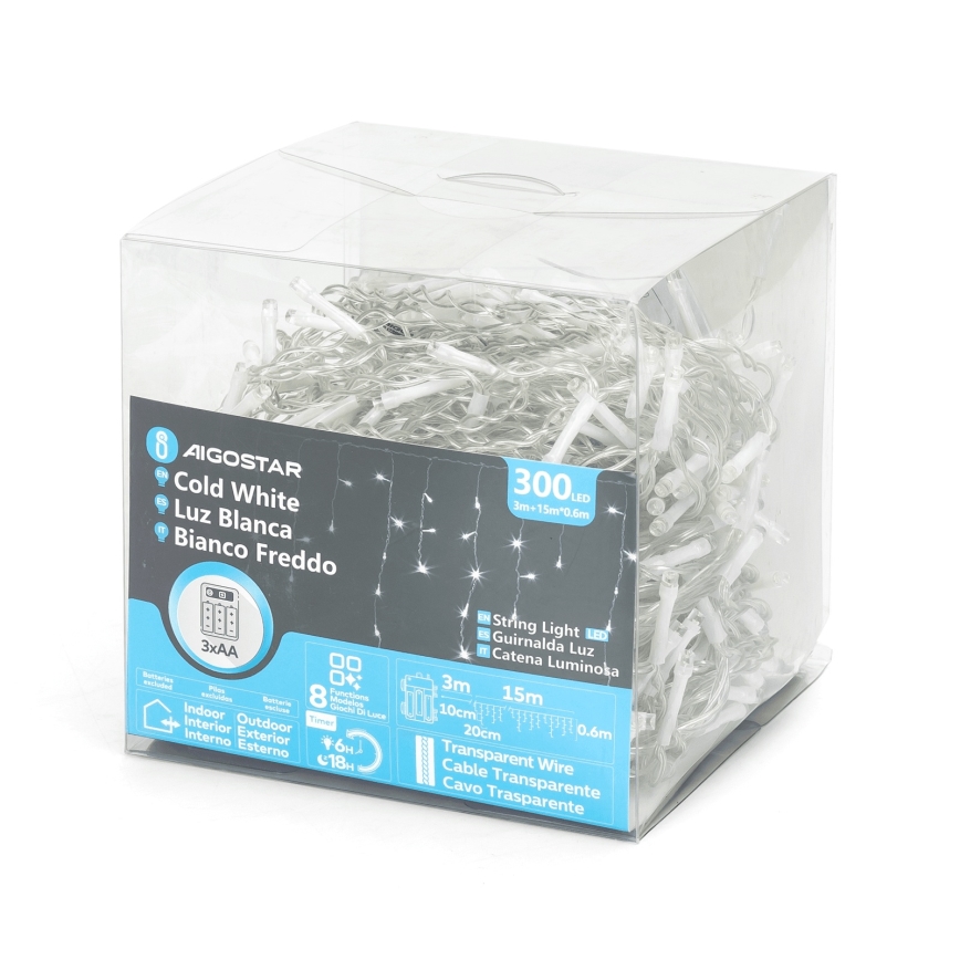 Aigostar - LED buiten kerstlichtsnoer 300xLED/8 functies 3xAA 18x0,6 m IP44 koud wit