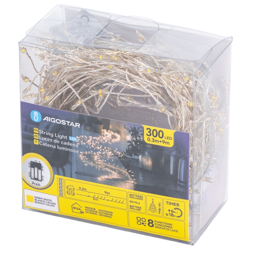 Aigostar - LED buiten kerstsnoer 300xLED/8 functies 3xAA 9,3m IP44 warm wit