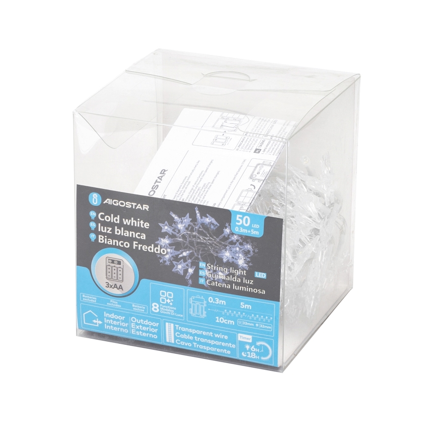 Aigostar - LED buiten kerstsnoer 50x LED / 8 functies 3xAA 5 m IP44 koud wit