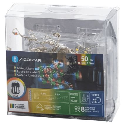 Aigostar - LED buiten kerstsnoer 50xLED/8 functies 3xAA 1,8m IP44 meerkleurig