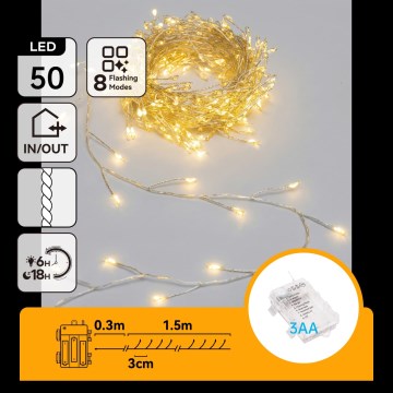 Aigostar - LED buiten kerstsnoer 50xLED/8 functies 3xAA 1,8m IP44 warm wit