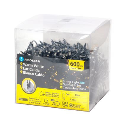 Aigostar - LED buiten kerstsnoer 600xLED/8 functies 18m IP44 warm wit
