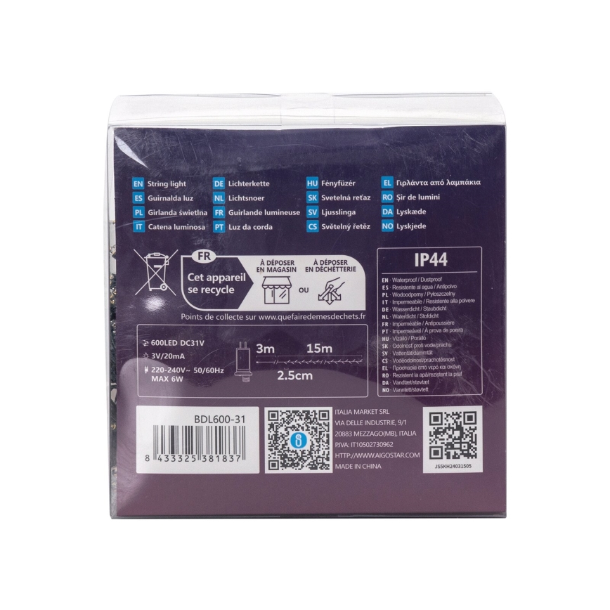 Aigostar - LED buiten kerstsnoer 600xLED/8 functies 18m IP44 warm wit