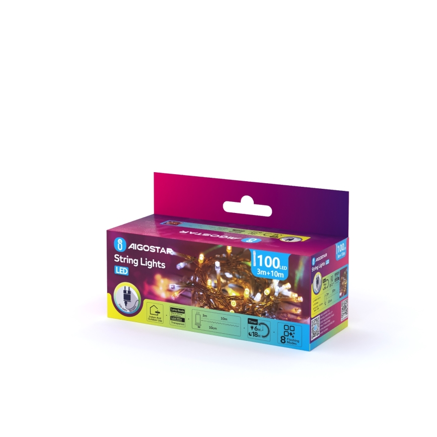 Aigostar - LED buiten kerstlichtsnoer 100xLED/8 functies 13m IP44 warm wit/koud wit