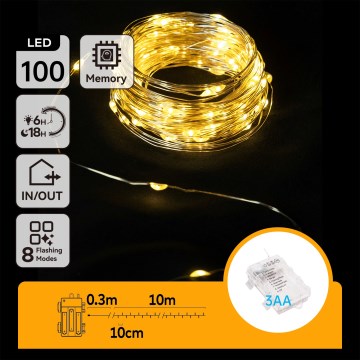 Aigostar -LED Buiten kerstverlichting 100xLED/8 functies 3xAA 10,3m IP44 warm wit