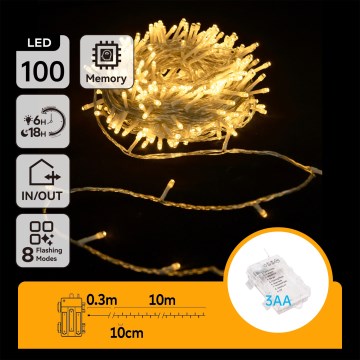 Aigostar -LED Buiten kerstverlichting 100xLED/8 functies 3xAA 10,3m IP44 warm wit