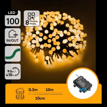 Aigostar - LED buiten kerstverlichting 100xLED/8 functies 3xAA 10,3m IP44 warm wit