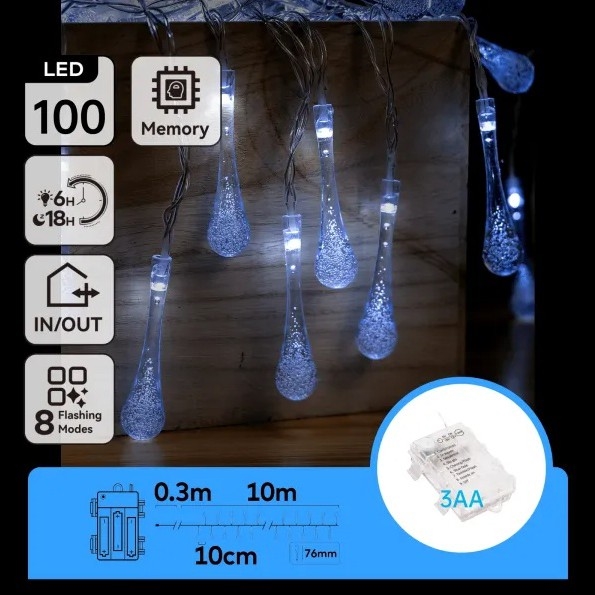Aigostar - LED buiten kerstverlichting 100xLED/8 functies 3xAA 10m IP44 koud wit druppels