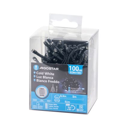 Aigostar - LED-kerstsnoer voor buiten, 100 LED, 8 functies, 3x AA, 5,3 m, IP44, koelwit