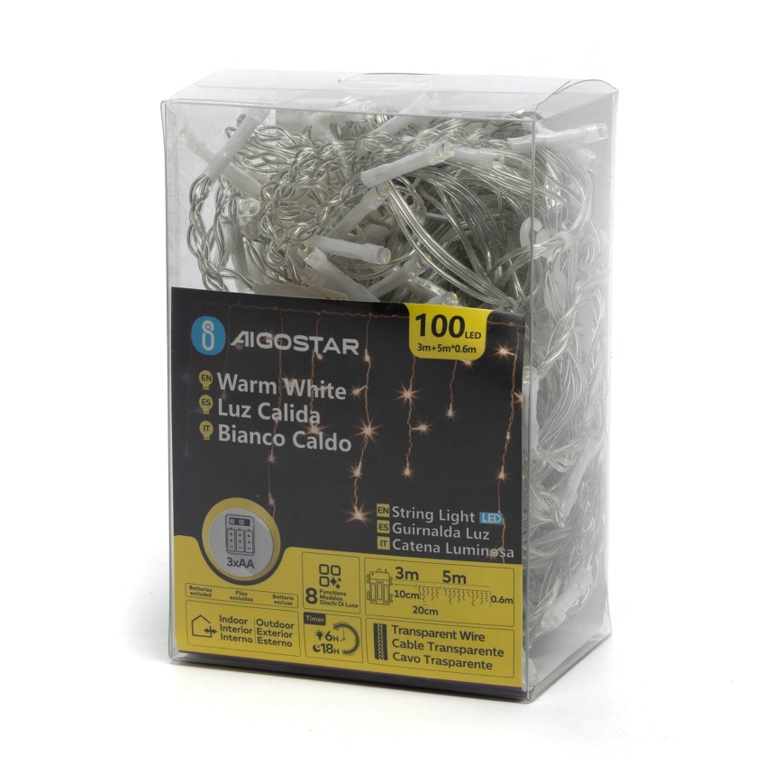 Aigostar - LED buiten kerstverlichting 100xLED/8 functies 3xAA 8x0,6m IP44 warm wit