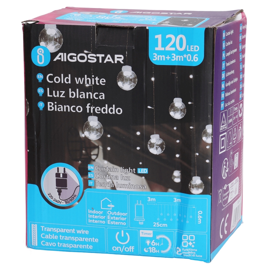 Aigostar - LED buitenlichtsnoer 120xLED/8 functies 3x0,6m IP44 koud wit + afstandsbediening