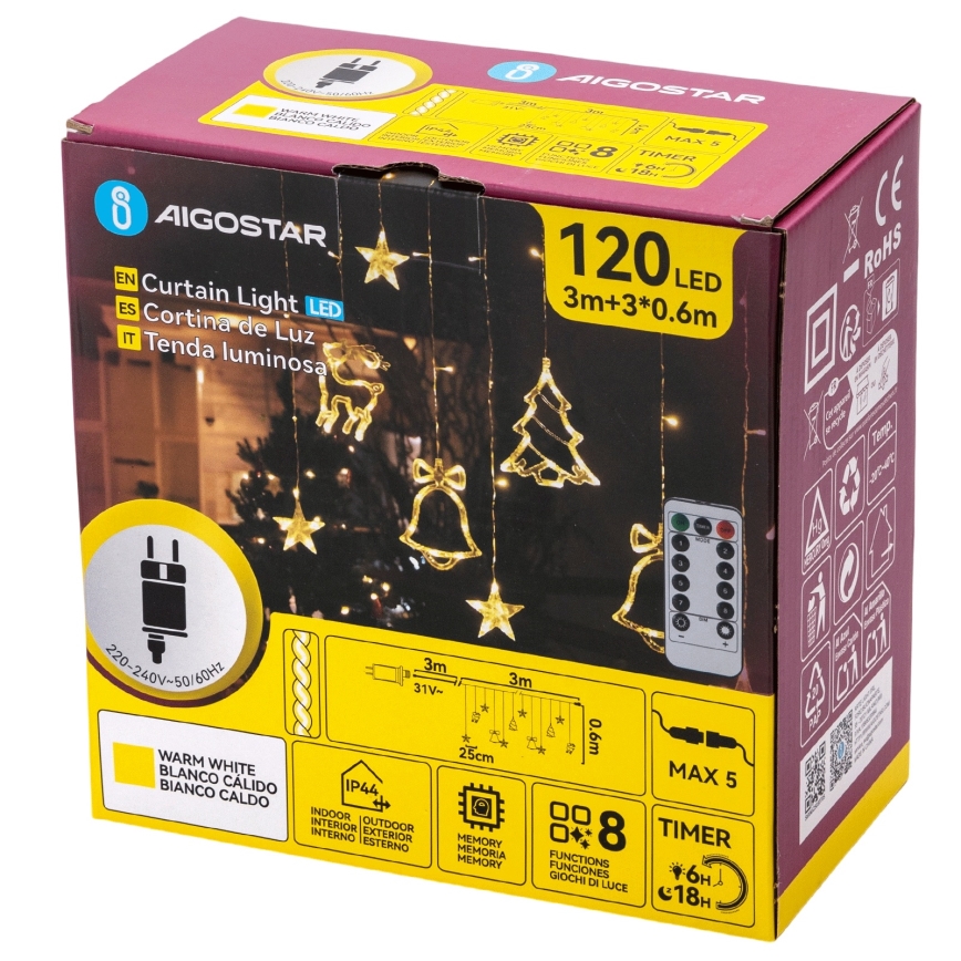 Aigostar - LED buiten kerstverlichting 120xLED/8 functies 3x0,6m IP44 warm wit + afstandsbediening