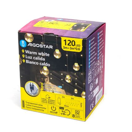 Aigostar - LED buiten kerstlichtsnoer 120xLED/8 functies 3x0,6m IP44 warm wit + afstandsbediening