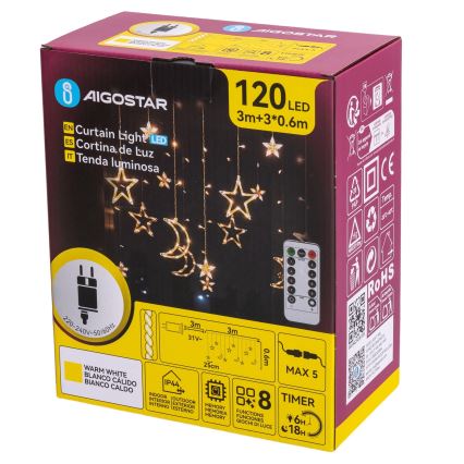 Aigostar - LED buiten kerstverlichting 120xLED/6W/230V/8 functies 3x0,6m IP44 warm wit + afstandsbediening