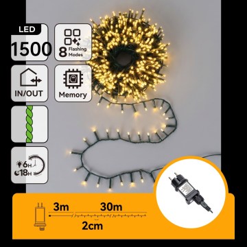 Aigostar - LED buiten kerstverlichting 1500xLED/8 functies 33m IP44 warm wit