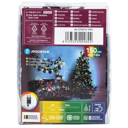 Aigostar - LED buiten kerstverlichting 150xLED/8 functies 18m IP44 meerkleurig