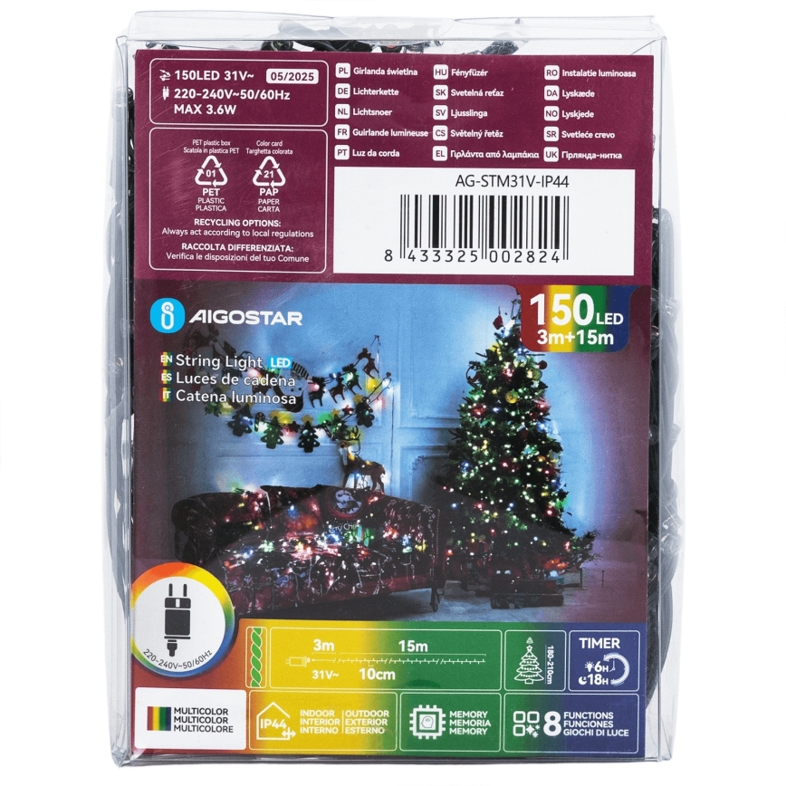 Aigostar - LED buiten kerstverlichting 150xLED/8 functies 18m IP44 meerkleurig
