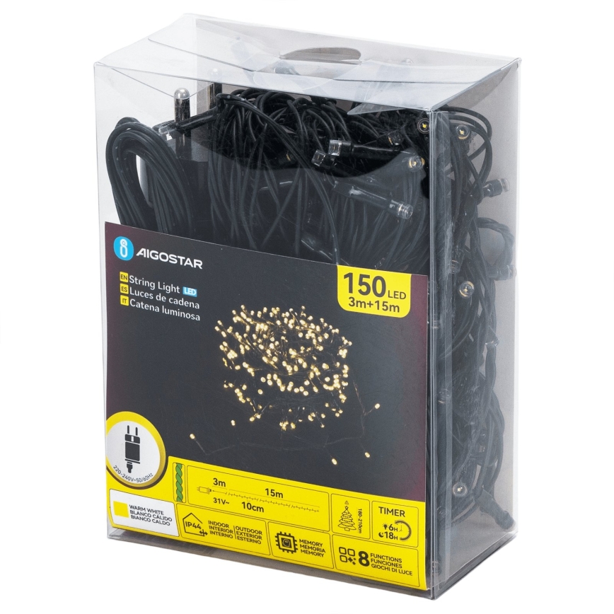 Aigostar - LED Buiten kerstverlichting 150xLED/8 functies 18m IP44 warm wit