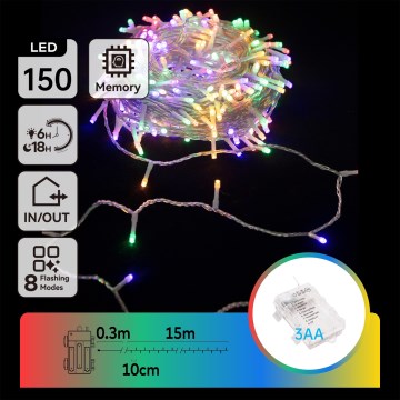 Aigostar -LED Buiten kerstverlichting 150xLED/8 functies 3xAA 15,3m IP44 meerkleurig