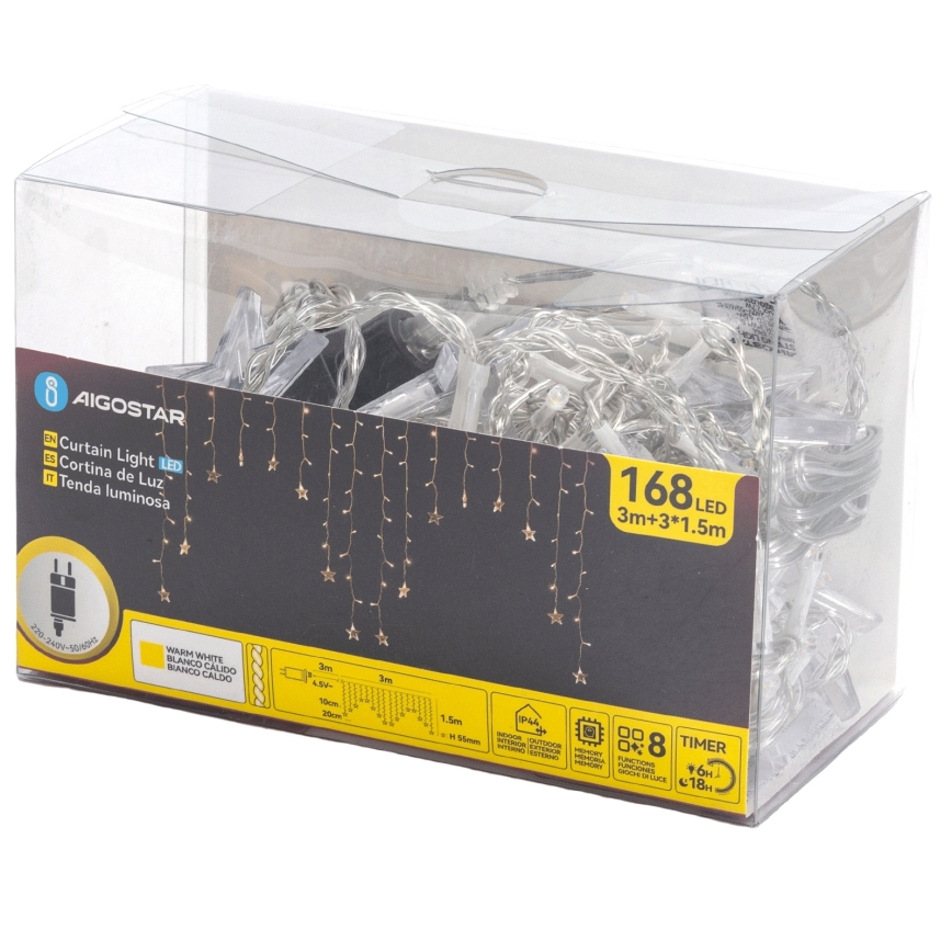 Aigostar - LED buiten kerstsnoer 168xLED/8 functies 3x1,5m IP44 warm wit sterren