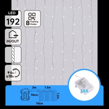 Aigostar - LED buiten kerstverlichting 192xLED/8 functies 3xAA 4,5x1,2m IP44 koud wit