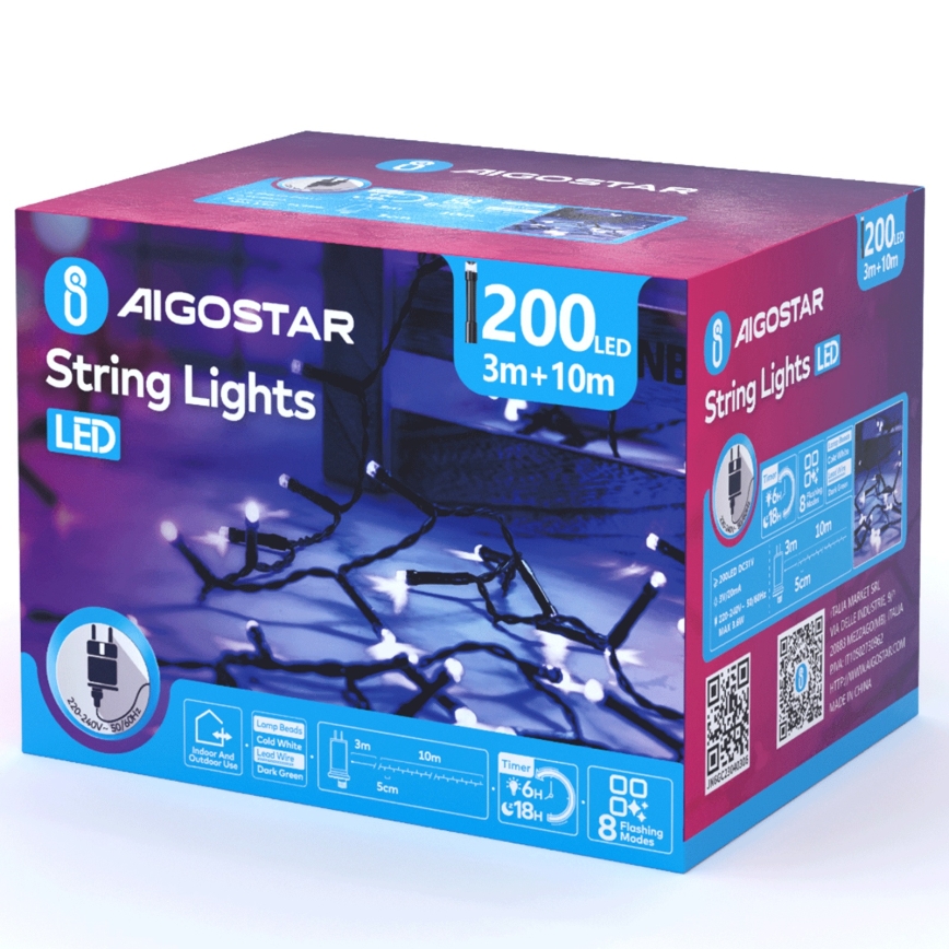 Aigostar - LED Buiten Kerstverlichting 200xLED/8 functies 13m IP44 koel wit
