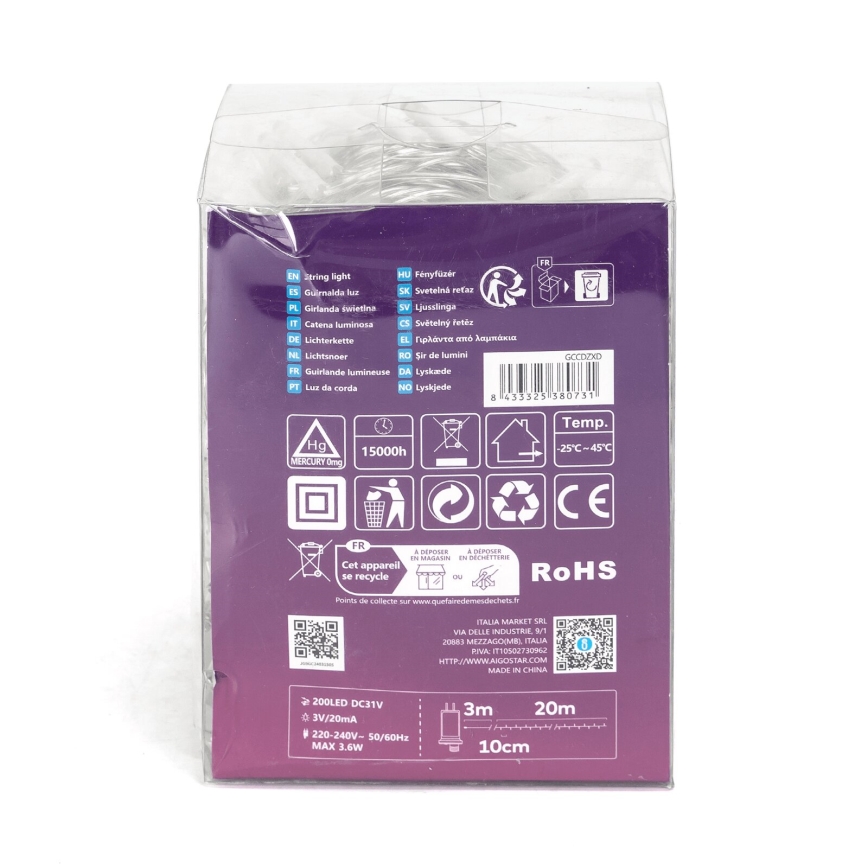 Aigostar - LED buiten kerstverlichting 200xLED/8 functies 23m IP44 warm wit