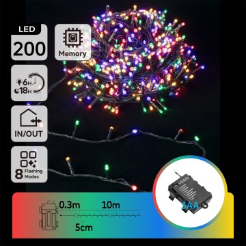 Aigostar -LED Buiten kerstverlichting 200xLED/8 functies 3xAA 10,3m IP44 meerkleurig