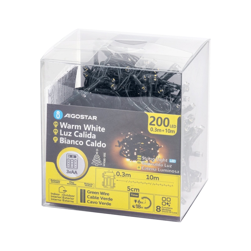 Aigostar - LED buiten kerstsnoer 200xLED/8 functies 3xAA 10,3m IP44 warm wit