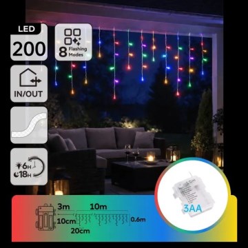 Aigostar - LED buiten kerstverlichting 200xLED/8 functies 3xAA 13x0,6 m IP44 meerkleurig