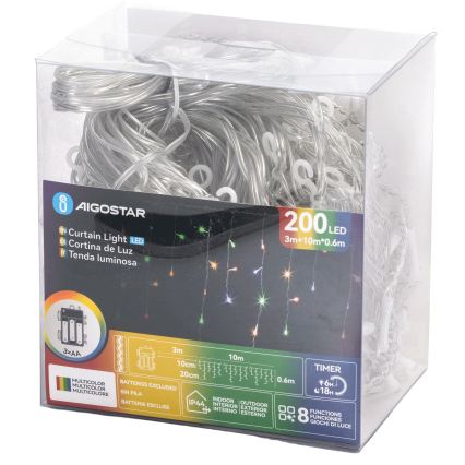 Aigostar - LED buiten kerstverlichting 200xLED/8 functies 3xAA 13x0,6 m IP44 meerkleurig