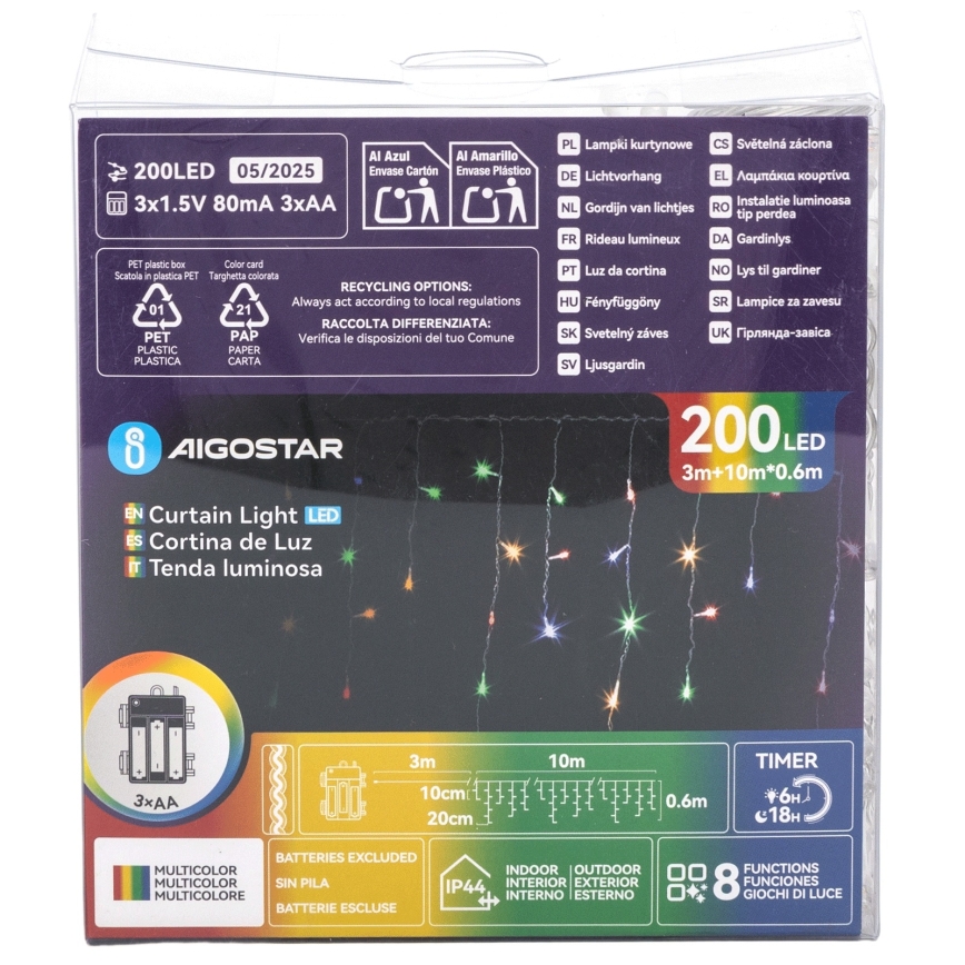 Aigostar - LED buiten kerstverlichting 200xLED/8 functies 3xAA 13x0,6 m IP44 meerkleurig