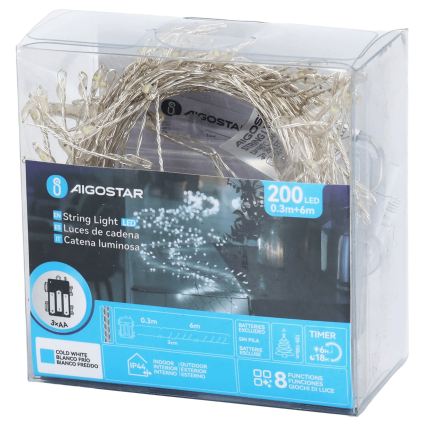 Aigostar - LED buiten kerstlichtsnoer 200xLED/8 functies 3xAA 6,3m IP44 koud wit
