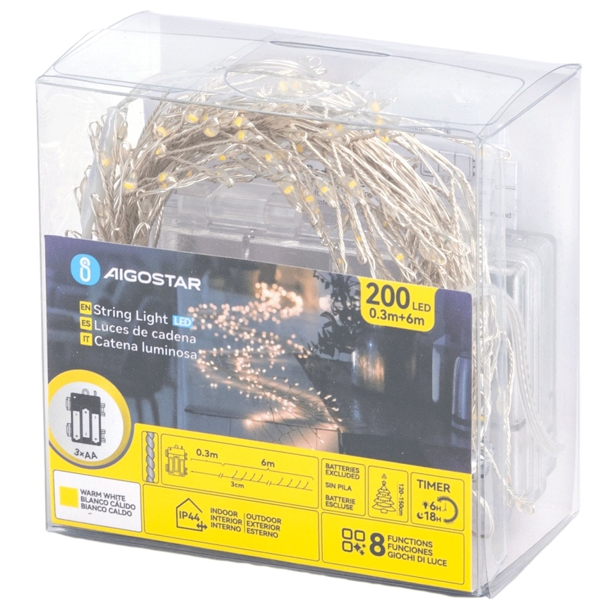 Aigostar - LED buiten kerstverlichting 200xLED/8 functies 3xAA 6,3m IP44 warm wit