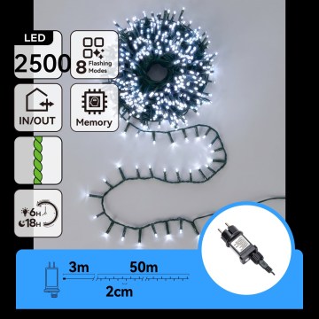 Aigostar - LED buiten kerstverlichting 2500xLED/8 functies 53m IP44 koel wit